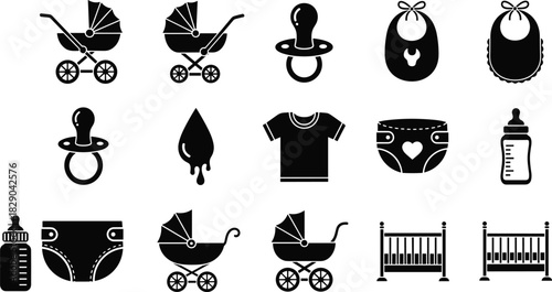 Set of baby care icons including stroller, pacifier, bib, diaper, crib, bottle, and clothing for nursery, parenting, childcare, and newborn essentials