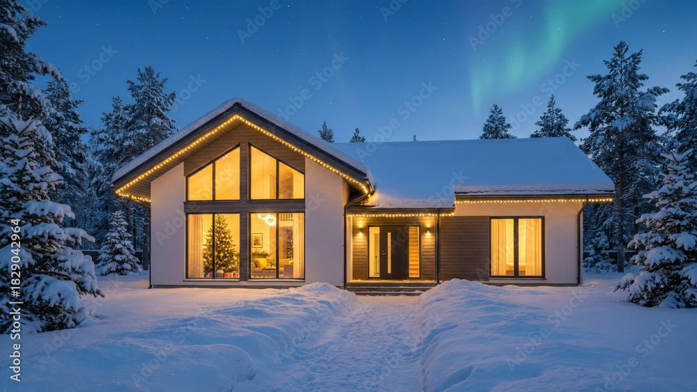 Fototapeta premium Modern Cozy House with Large Windows and Christmas Decorations in Snowy Forest under Northern Lights