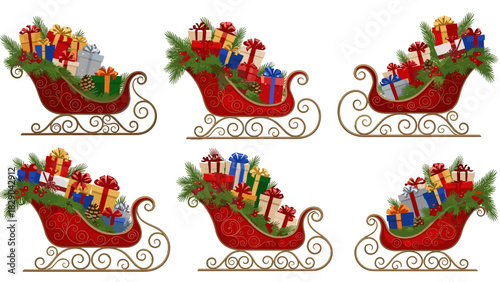 Festive sleighs overflowing with colorful Christmas gifts for holiday joy and seasonal cheer