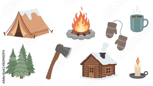 Cozy winter camping trip elements, cabin, fire, mittens and hot drink, adventure and relaxation