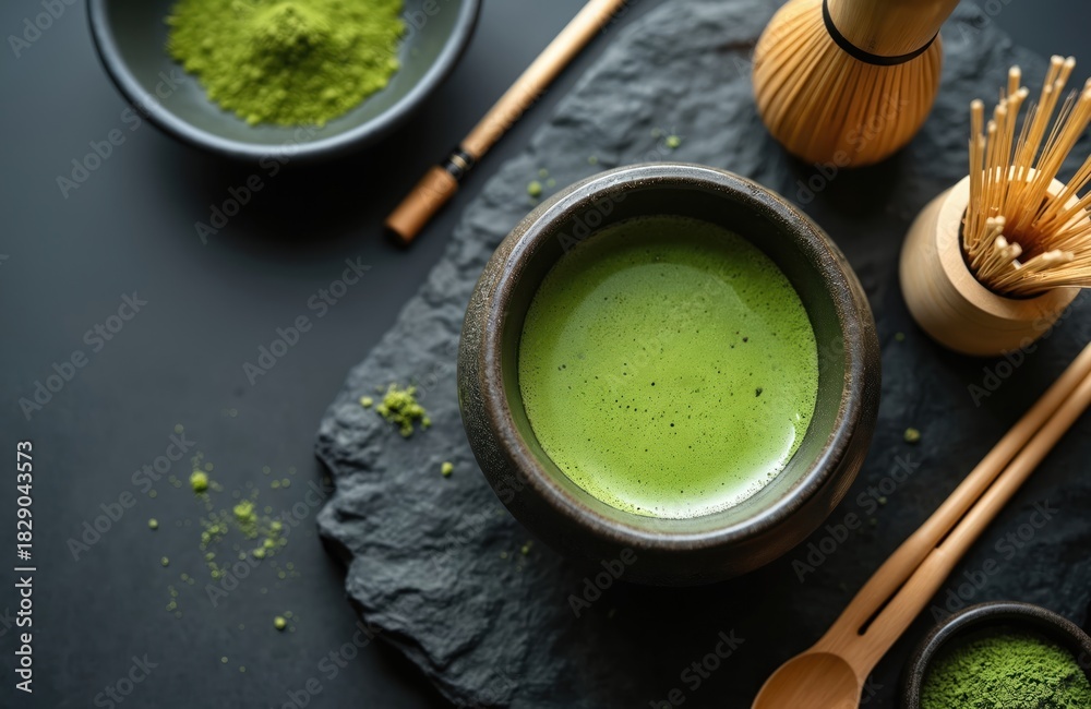 Naklejka premium Matcha tea set on dark background from above. Green matcha powder with whisk, spoon, cup. Japanese beverage preparation for relax time. Healthy lifestyle concept with tea ceremony accessories.