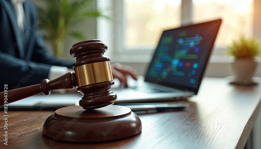 Fototapeta premium Judge gavel on table in lawyer office. Law and digital legal advice icons on laptop screen. Concept of digital online justice and legal regulations.