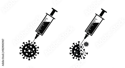 Syringes injecting into a coronavirus cell vaccination concept in monochrome style