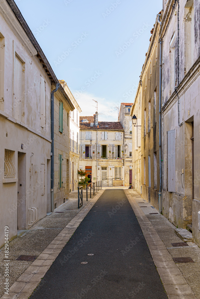 Obraz premium A narrow alleyway with a brick walkway and a few buildings in Saintes France. The buildings are white and have shutters on the windows