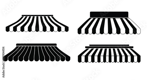 Black and white illustration of four striped awning shapes displayed on white