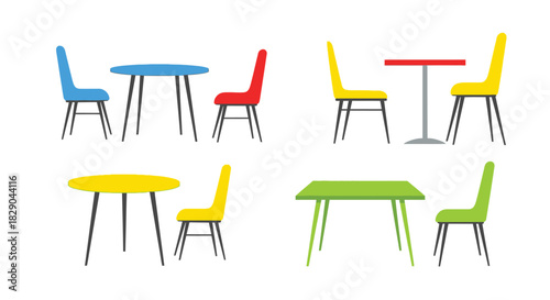 Colorful cartoon chairs and tables arranged in a simple playful composition