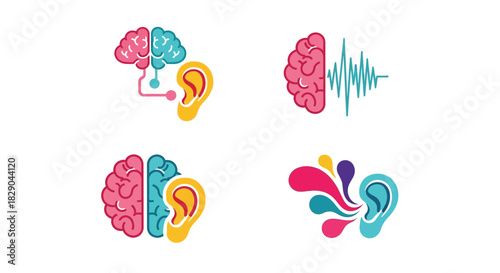 Illustrations depicting the human brain hearing and neurological connections