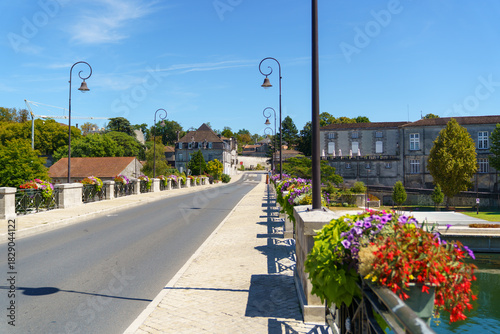 Fototapeta Naklejka Na Ścianę i Meble -  A street with a bridge and a row of houses. The street is lined with potted plants and flowers in city Cognac France