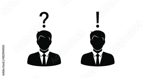 Two silhouetted figures with a question mark and exclamation point above
