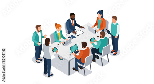 Diverse team in isometric office meeting with technology and collaboration