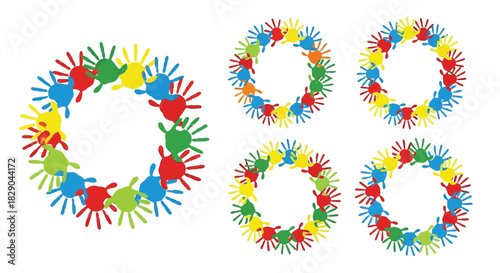 Colorful handprint wreaths in a vibrant arrangement displaying diverse artistic designs