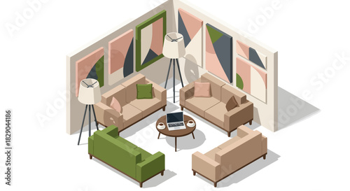 Modern living room interior with isometric furniture and geometric wall art