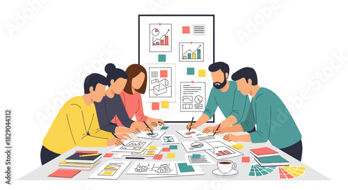 Collaborative team analyzing charts and data in a modern office setting