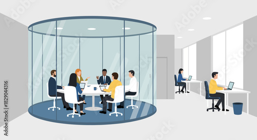 Business team meeting in glass office with coworkers at desks in modern workspace