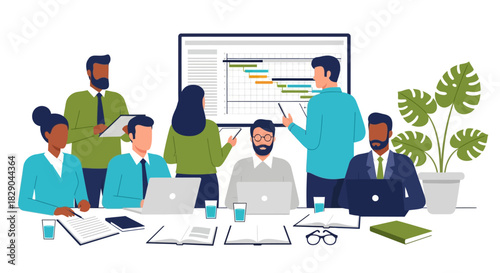 Team collaboration on project timeline in office setting with diverse employees