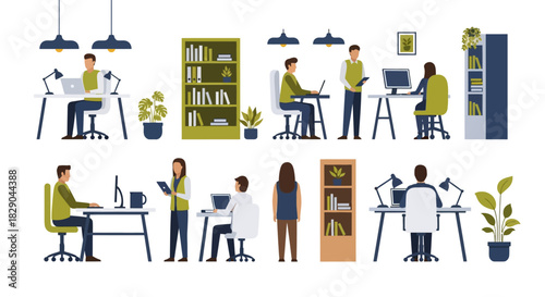 Modern office scenes with professionals engaged in work and communication