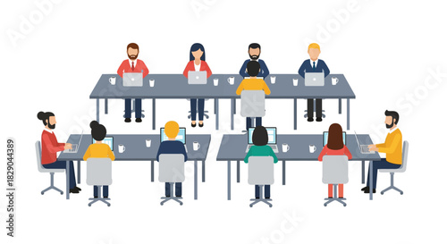 Office team collaboration in modern workspace with laptops and coffee