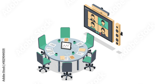 Isometric office meeting room with video conference setup