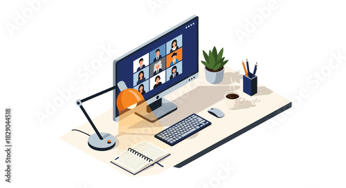 Isometric home office setup with online meeting on desktop screen