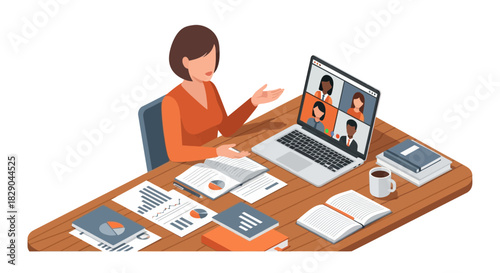 Remote work team meeting with businesswoman on video call in isometric office setting