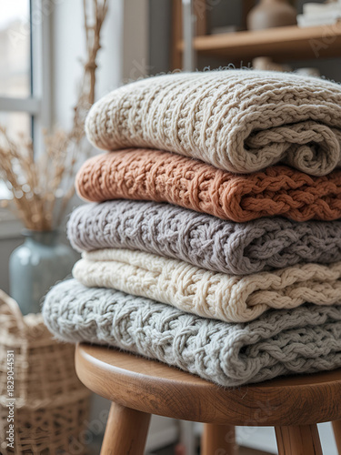 Close-up. Knitted warm clothes on a wooden stool in the room. Winter season, small business, handmade clothes.