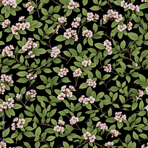 Seamless floral pattern with blooming pink blossoms and green leafy stems on black background, decorative botanical wallpaper and textile repeat design - AI generated
