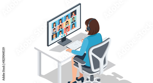 Isometric virtual meeting: professional woman on video call
