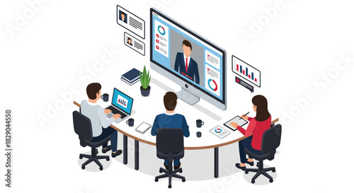 Remote work meeting in modern office setting with video conference and data analysis