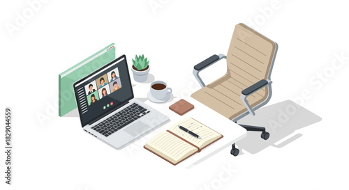 Remote work setup with laptop, office chair, and stationery in isometric style