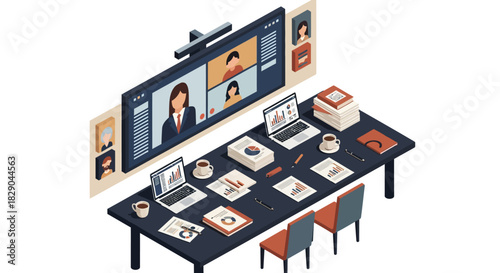 Isometric office conference call setup with laptops and video screens