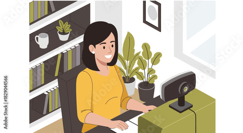 Woman in yellow shirt working from home in a modern office environment