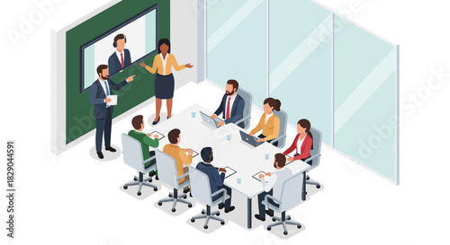Isometric business meeting with diverse team in modern conference room