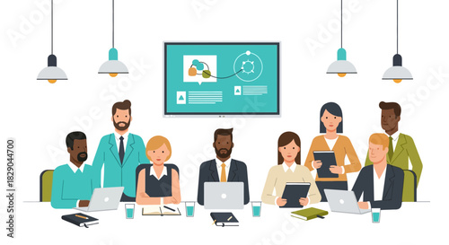 Team collaboration in modern office setting with diverse professionals and technology