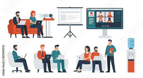 Modern office environment with remote work and collaboration elements