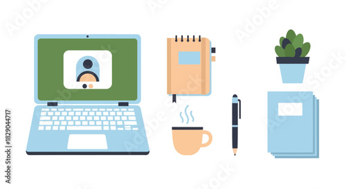 Flat design home office workspace with laptop, coffee, and notepad
