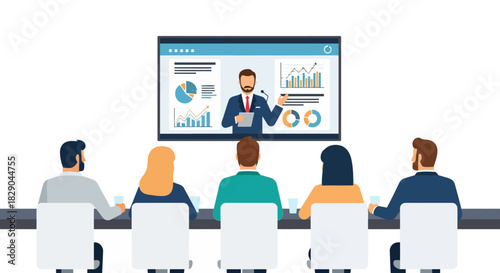Business presentation meeting with diverse team and data charts on screen