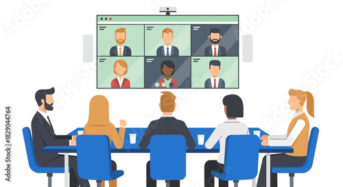Virtual meeting in modern office setting with diverse team and video call interface