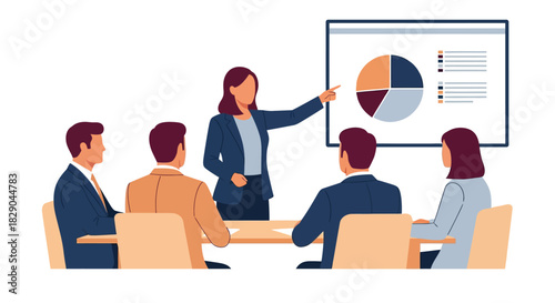 Professional team meeting in office setting with business presentation chart