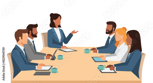 Business team meeting in modern conference room with tablets