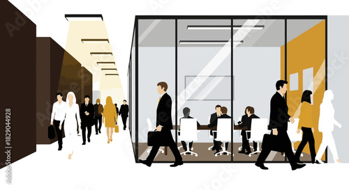 Modern office ambience with busy professional workforce in a minimalist open space