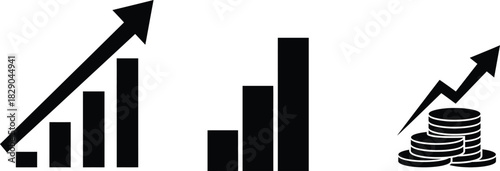 Financial growth icons bar charts and coin stacks with upward arrows