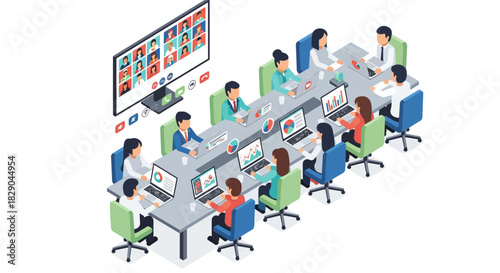 Isometric office meeting with diverse team analyzing data on laptops