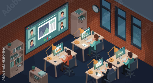 Remote team collaboration in modern office with video conference technology