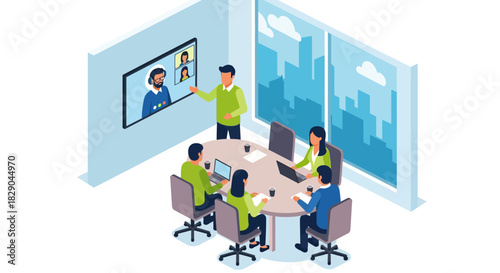 Isometric team meeting with video conference in modern office setting