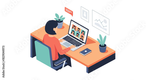 Remote work communication - woman video conferencing in modern office workspace