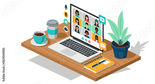 Isometric home office online meeting with laptop, coffee, and plant