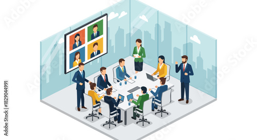 Diverse team in modern office setting with video conferencing in isometric style