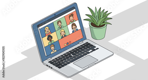 Colorful virtual meeting on laptop screen beside house plant