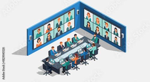 Isometric office meeting with video conference technology and diverse team