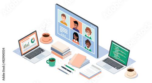 Isometric remote work setup with video conference and coding elements
